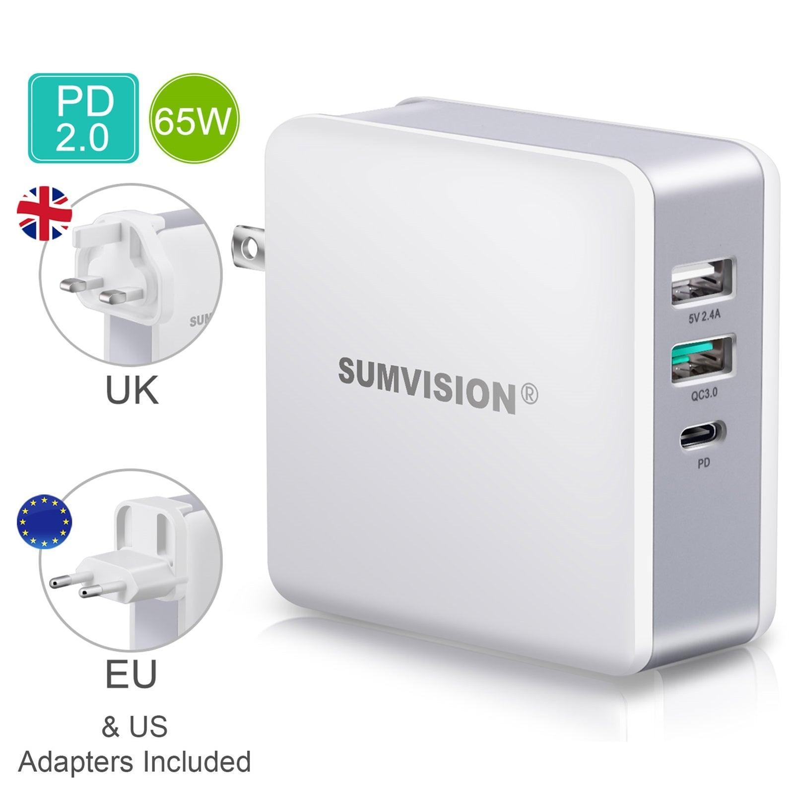 SUMVISION Universal USB Laptop Wall Charger, 65W, Multiport USB Connections with Type-C, USB-A QC3.0 Fast Charge & USB-A, Includes UK, EU & US Plug Adapters, Suitable for USB-C Laptop Charging-PCR Business Solutions Ltd